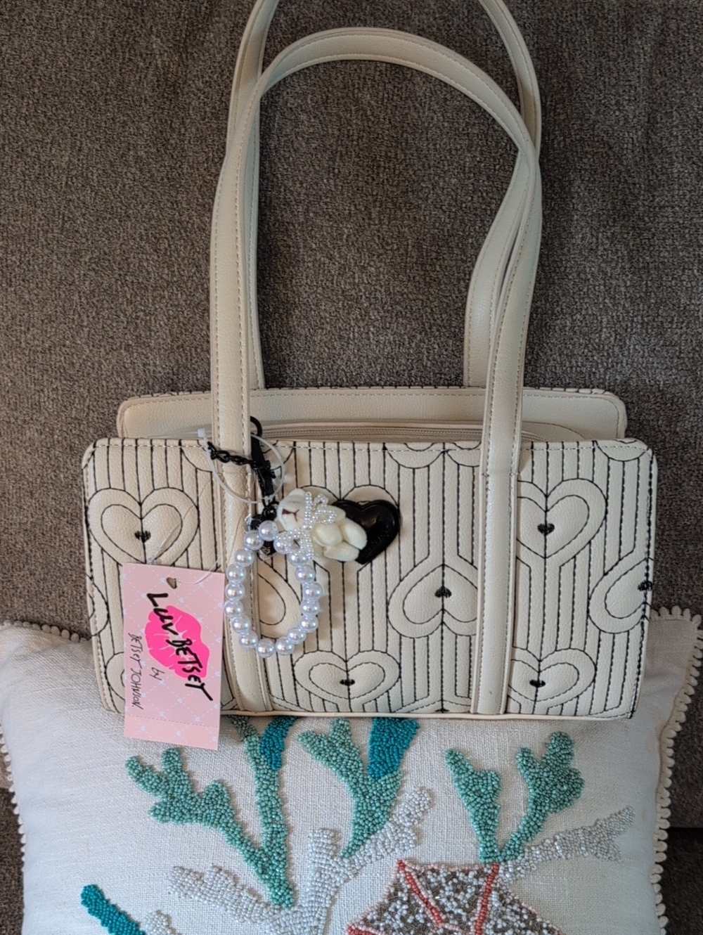Cream Quilted Heart-Pattern Shoulder Bag with Pearl Charm